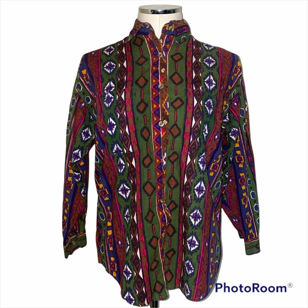 Vintage Boho Indie Tribal Abstract Multicolored button down shirt medium